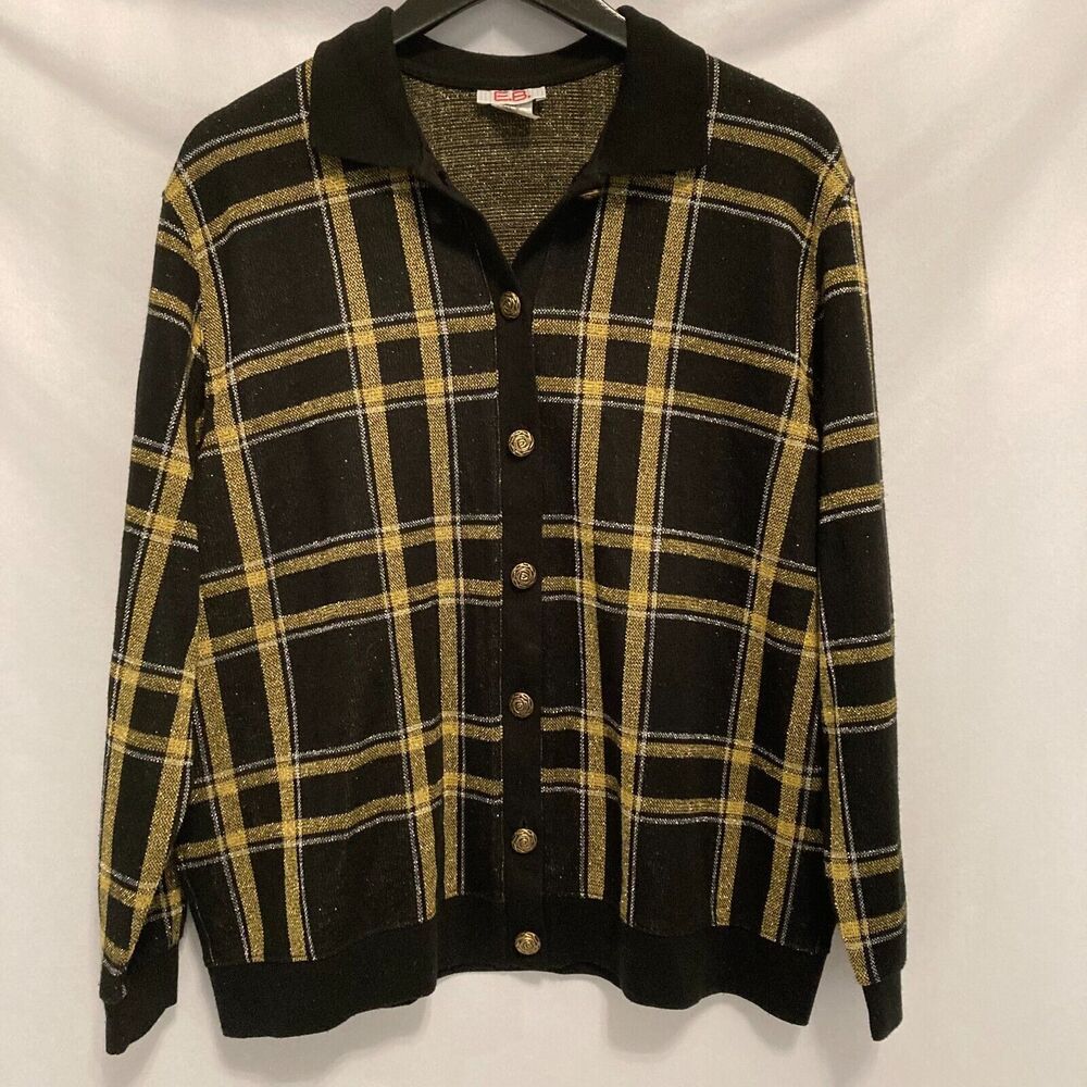 Vintage E.B. Men’s L Cardigan Sweater Black Gold Stripes Button-Front Retro Prep
